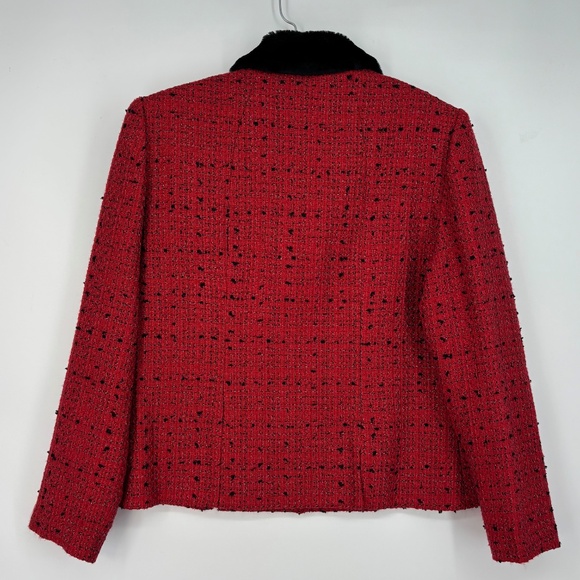 Leslie Fay Womens Size 12 Blazer Jacket Red Black White Tweed Faux Fur Collar - Picture 7 of 9